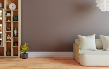 En az iç mekan tarzı poster. Oturma odasının duvarını kahverengiye boyayarak modern kanepe ve oturma odasındaki dekorasyonlarla süsleyin.