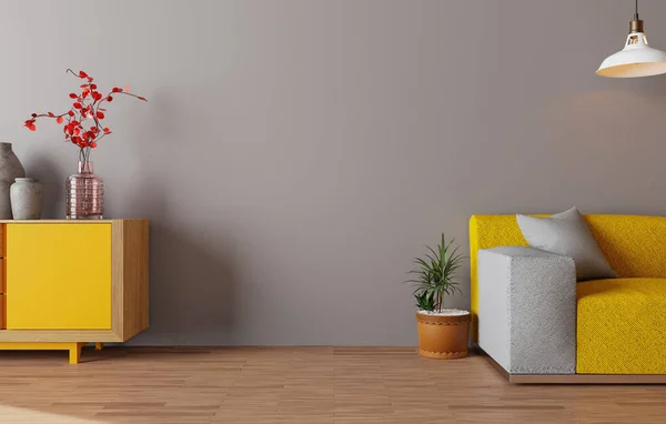 Minimal Interior Style Poster Mock Living Room Wall Gray Modern — Zdjęcie stockowe