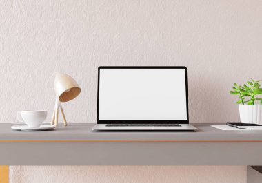 Mock up notebook with modern decorations put on the table in the living room or office with green wall,copy space. 3D rendering.