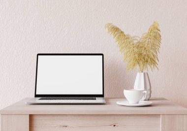 Mock up notebook with modern decorations put on the table in the living room or office with green wall,copy space. 3D rendering.