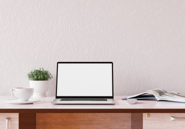 Mock up notebook with modern decorations put on the table in the living room or office with green wall,copy space. 3D rendering.