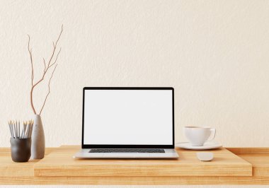 Mock up notebook with modern decorations put on the table in the living room or office with green wall,copy space. 3D rendering.