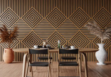 minimal room and decoration copy space - seamless wood wall. 3D rendering.