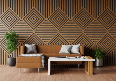 minimal room and decoration copy space - seamless wood wall. 3D rendering.