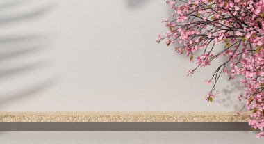 Ürün sunumu için gölge ve doku duvarlı 3D podyum. 3B görüntüleme.