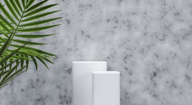 Ürün sunumu için gölge ve doku duvarlı 3D podyum. 3B görüntüleme.