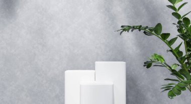 Ürün sunumu için gölge ve doku duvarlı 3D podyum. 3B görüntüleme.