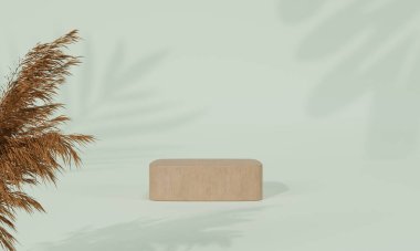 Renkli pastel arka planı ve ağaç veya yaprak standı olan podyum ya da reklam ekranında boş arka planlı podyum kaidesi. 3B görüntüleme.