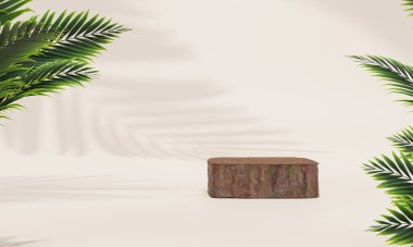 Renkli pastel arka planı ve ağaç veya yaprak standı olan podyum ya da reklam ekranında boş arka planlı podyum kaidesi. 3B görüntüleme.