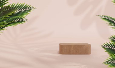 Renkli pastel arka planı ve ağaç veya yaprak standı olan podyum ya da reklam ekranında boş arka planlı podyum kaidesi. 3B görüntüleme.