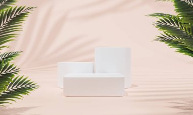 Renkli pastel arka planı ve ağaç veya yaprak standı olan podyum ya da reklam ekranında boş arka planlı podyum kaidesi. 3B görüntüleme.