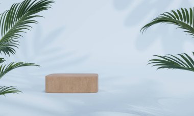 Renkli pastel arka planı ve ağaç veya yaprak standı olan podyum ya da reklam ekranında boş arka planlı podyum kaidesi. 3B görüntüleme.