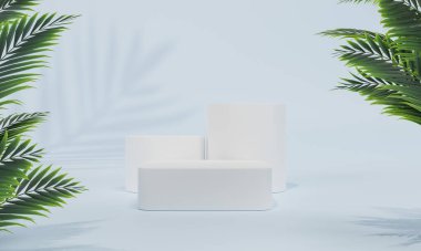 Renkli pastel arka planı ve ağaç veya yaprak standı olan podyum ya da reklam ekranında boş arka planlı podyum kaidesi. 3B görüntüleme.