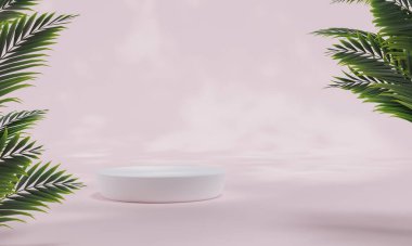 Renkli pastel arka planı ve ağaç veya yaprak standı olan podyum ya da reklam ekranında boş arka planlı podyum kaidesi. 3B görüntüleme.
