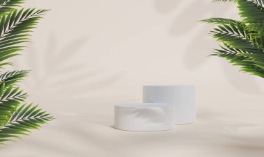 Renkli pastel arka planı ve ağaç veya yaprak standı olan podyum ya da reklam ekranında boş arka planlı podyum kaidesi. 3B görüntüleme.