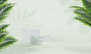 Renkli pastel arka planı ve ağaç veya yaprak standı olan podyum ya da reklam ekranında boş arka planlı podyum kaidesi. 3B görüntüleme.