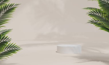 Renkli pastel arka planı ve ağaç veya yaprak standı olan podyum ya da reklam ekranında boş arka planlı podyum kaidesi. 3B görüntüleme.