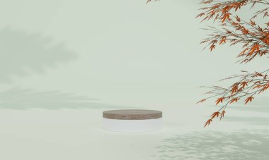 Renkli pastel arka planı ve ağaç veya yaprak standı olan podyum ya da reklam ekranında boş arka planlı podyum kaidesi. 3B görüntüleme.