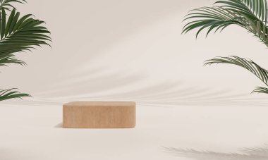 Renkli pastel arka planı ve ağaç veya yaprak standı olan podyum ya da reklam ekranında boş arka planlı podyum kaidesi. 3B görüntüleme.