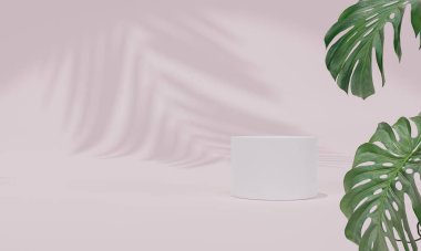 Renkli pastel arka planı ve ağaç veya yaprak standı olan podyum ya da reklam ekranında boş arka planlı podyum kaidesi. 3B görüntüleme.