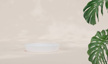 Renkli pastel arka planı ve ağaç veya yaprak standı olan podyum ya da reklam ekranında boş arka planlı podyum kaidesi. 3B görüntüleme.