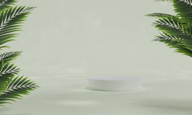 Renkli pastel arka planı ve ağaç veya yaprak standı olan podyum ya da reklam ekranında boş arka planlı podyum kaidesi. 3B görüntüleme.