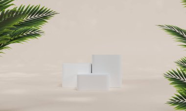 Renkli pastel arka planı ve ağaç veya yaprak standı olan podyum ya da reklam ekranında boş arka planlı podyum kaidesi. 3B görüntüleme.