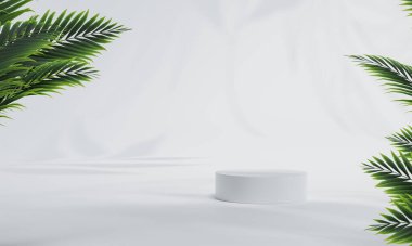 Renkli pastel arka planı ve ağaç veya yaprak standı olan podyum ya da reklam ekranında boş arka planlı podyum kaidesi. 3B görüntüleme.