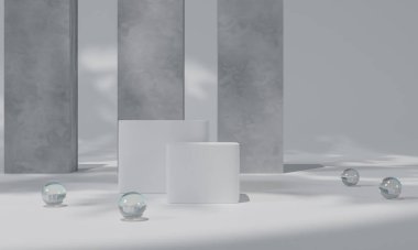 Beyaz podyum ve beyaz arka plan standı ya da boş arkaplan ile reklam ekranında podyum kaidesi. 3B görüntüleme