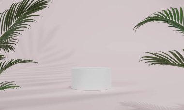 Renkli pastel arka planı ve ağaç veya yaprak standı olan podyum ya da reklam ekranında boş arka planlı podyum kaidesi. 3B görüntüleme.
