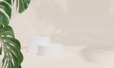 Renkli pastel arka planı ve ağaç veya yaprak standı olan podyum ya da reklam ekranında boş arka planlı podyum kaidesi. 3B görüntüleme.