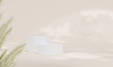 Renkli pastel arka planı ve ağaç veya yaprak standı olan podyum ya da reklam ekranında boş arka planlı podyum kaidesi. 3B görüntüleme.
