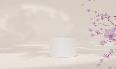 Renkli pastel arka planı ve ağaç veya yaprak standı olan podyum ya da reklam ekranında boş arka planlı podyum kaidesi. 3B görüntüleme.