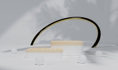 Beyaz podyum ve beyaz arka plan standı ya da boş arkaplan ile reklam ekranında podyum kaidesi. 3B görüntüleme