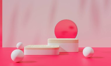 Renkli arka plan standı olan podyum ya da boş arka planlı reklam ekranında podyum kaidesi. 3B görüntüleme.