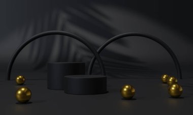 Siyah podyum ve siyah arkaplan standı ya da podyum kaidesi reklam ekranında boş arkaplan. 3B görüntüleme.