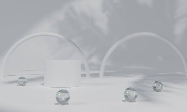 Beyaz podyum ve beyaz arka plan standı ya da boş arkaplan ile reklam ekranında podyum kaidesi. 3B görüntüleme