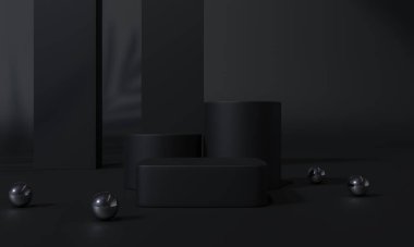 Siyah podyum ve siyah arkaplan standı ya da podyum kaidesi reklam ekranında boş arkaplan. 3B görüntüleme.