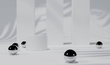 Beyaz podyum ve beyaz arka plan standı ya da boş arkaplan ile reklam ekranında podyum kaidesi. 3B görüntüleme