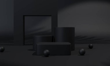 Siyah podyum ve siyah arkaplan standı ya da podyum kaidesi reklam ekranında boş arkaplan. 3B görüntüleme.