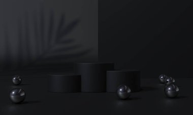 Siyah podyum ve siyah arkaplan standı ya da podyum kaidesi reklam ekranında boş arkaplan. 3B görüntüleme.