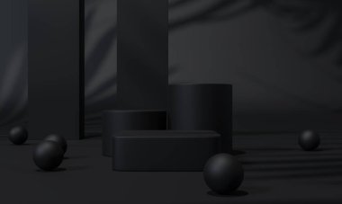 Siyah podyum ve siyah arkaplan standı ya da podyum kaidesi reklam ekranında boş arkaplan. 3B görüntüleme.