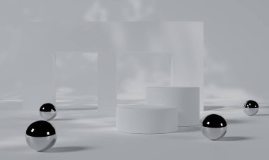 Beyaz podyum ve beyaz arka plan standı ya da boş arkaplan ile reklam ekranında podyum kaidesi. 3B görüntüleme