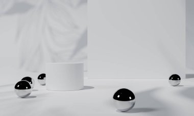 Beyaz podyum ve beyaz arka plan standı ya da boş arkaplan ile reklam ekranında podyum kaidesi. 3B görüntüleme