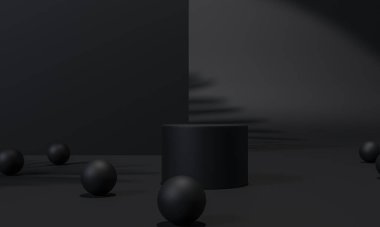 Siyah podyum ve siyah arkaplan standı ya da podyum kaidesi reklam ekranında boş arkaplan. 3B görüntüleme.