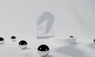 Beyaz podyum ve beyaz arka plan standı ya da boş arkaplan ile reklam ekranında podyum kaidesi. 3B görüntüleme