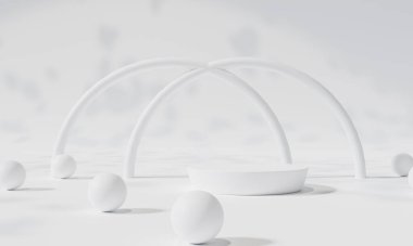 Renkli arka plan standı olan podyum ya da boş arka planlı reklam ekranında podyum kaidesi. 3B görüntüleme.