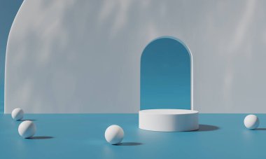 Renkli arka plan standı olan podyum ya da boş arka planlı reklam ekranında podyum kaidesi. 3B görüntüleme.