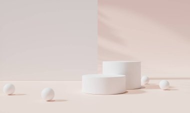 Renkli arka plan standı olan podyum ya da boş arka planlı reklam ekranında podyum kaidesi. 3B görüntüleme.