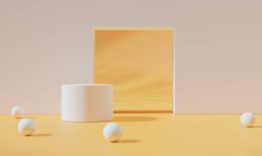 Renkli arka plan standı olan podyum ya da boş arka planlı reklam ekranında podyum kaidesi. 3B görüntüleme.